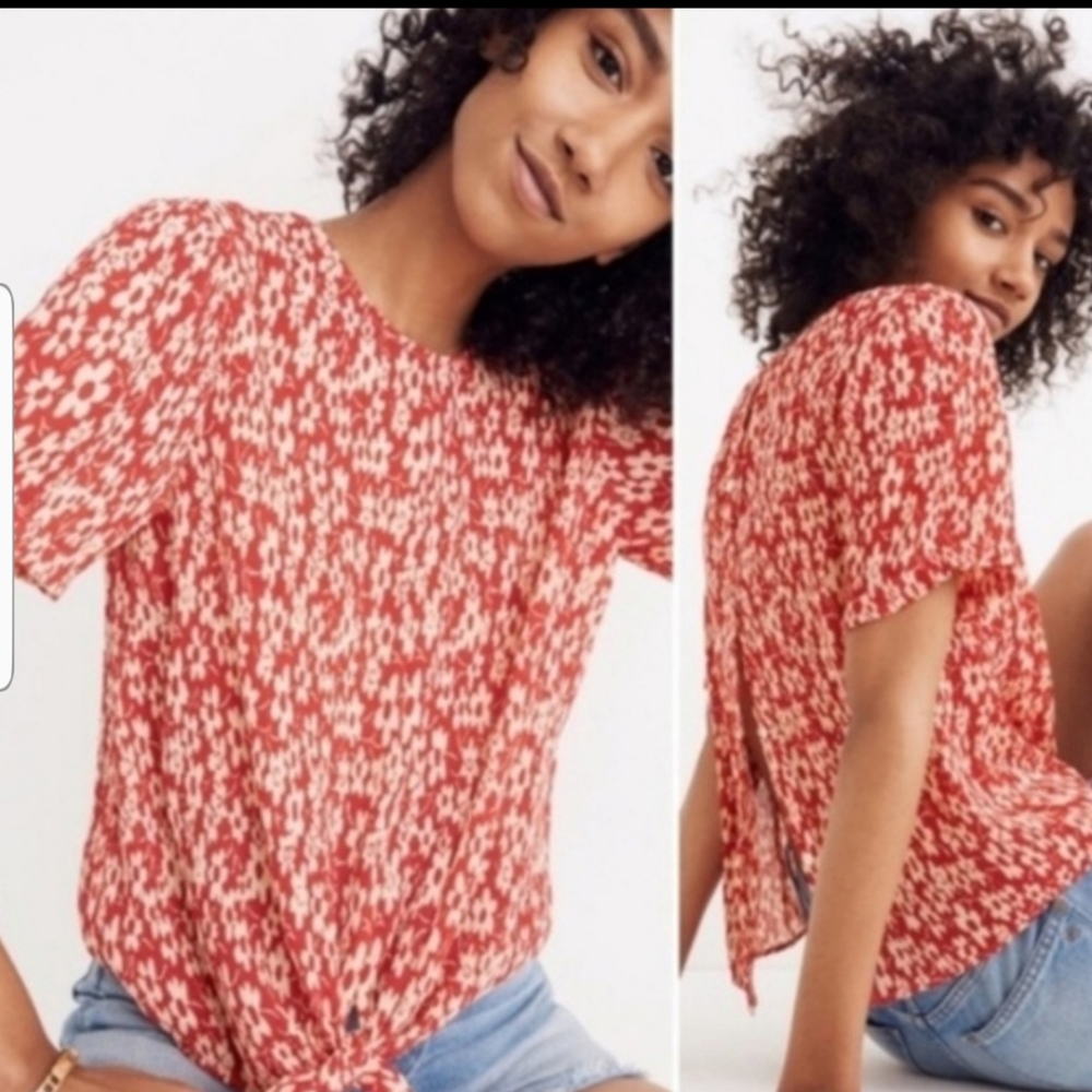 Madewell short sleeve red floral blouse